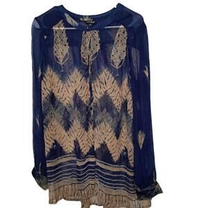 Lucky Brand Women's Blue & Cream Printed Long Sleeve V-neck Blouse Top Medium